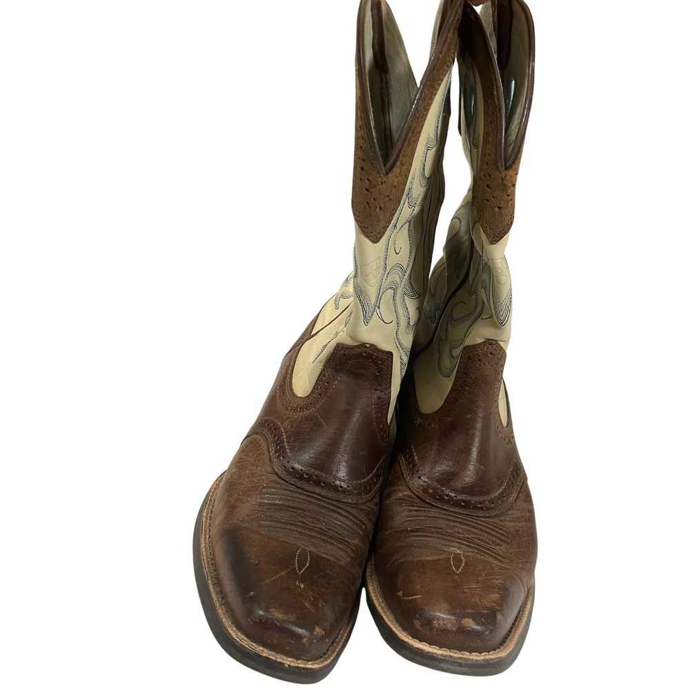 Ariat Womens Earth Rawhide Leather Cream Blue Upper Western Cowboy Boots Size 7 - Picture 2 of 9